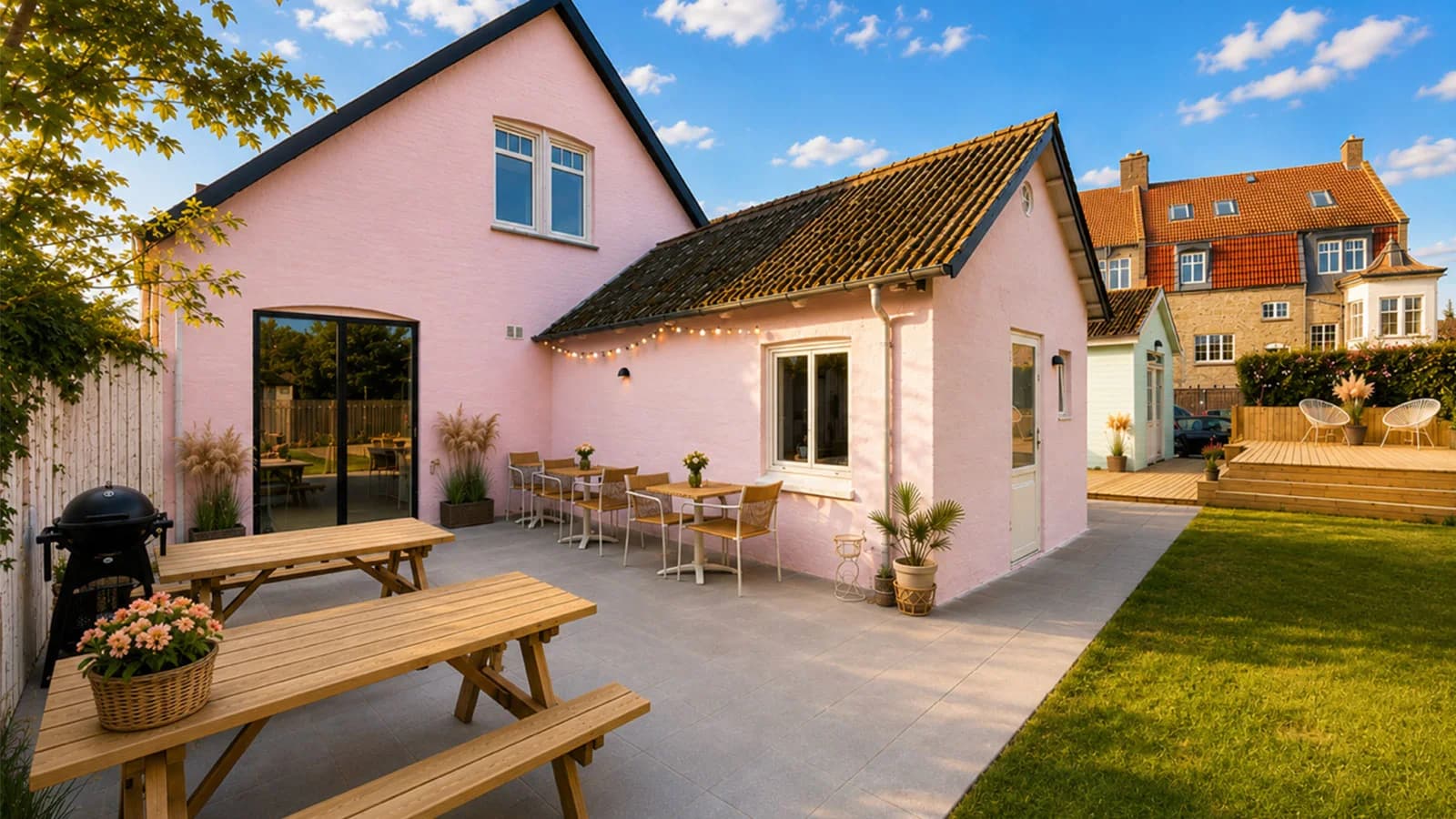 Das rosa Haus mit Terrasse und Gartenbänken