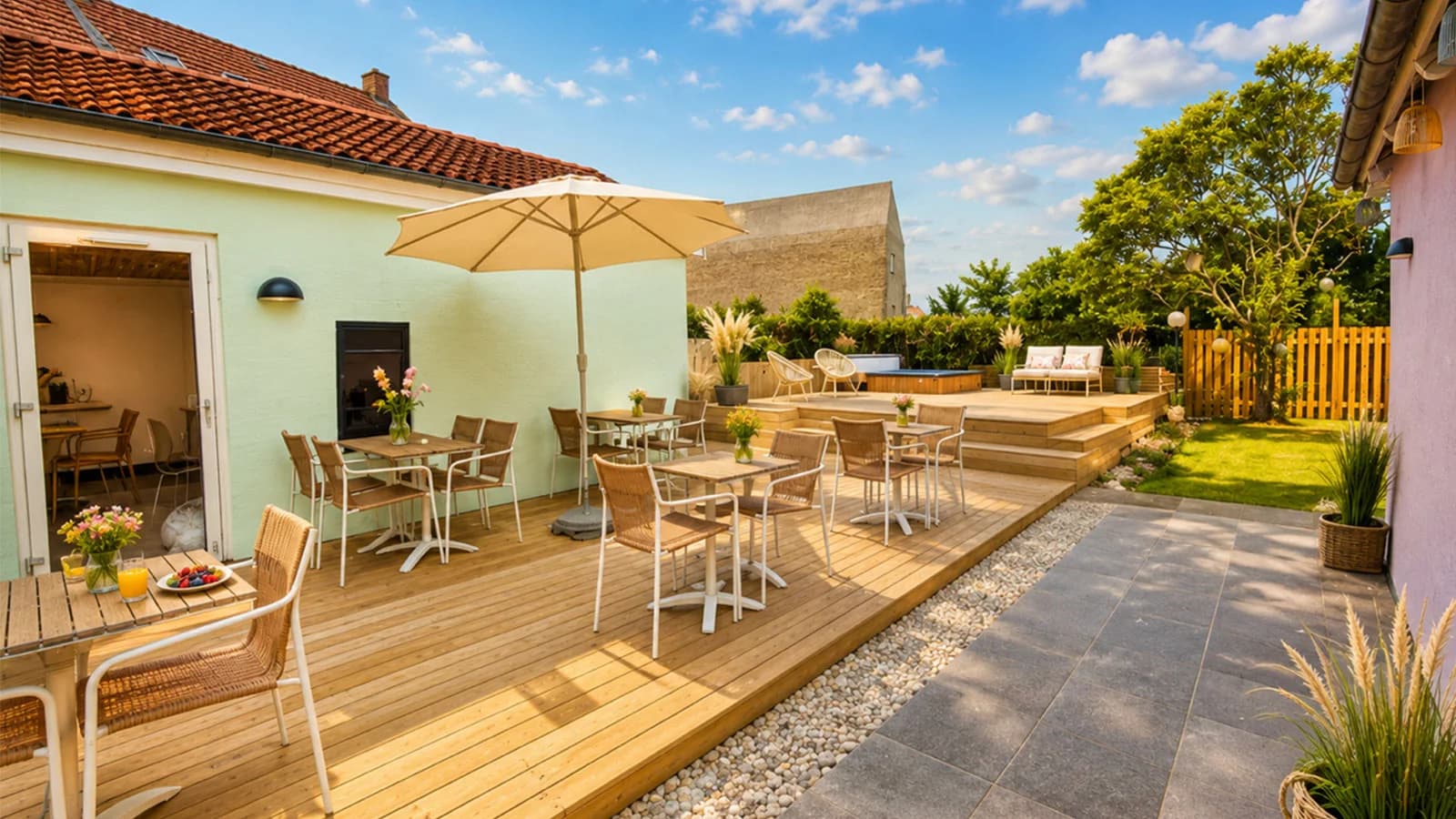 Die Terrasse am grünen Haus mit Sonnenschirm und Gartenmöbeln