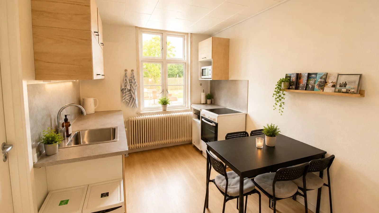 Die Wohnung mit Küchenzeile und Esstisch